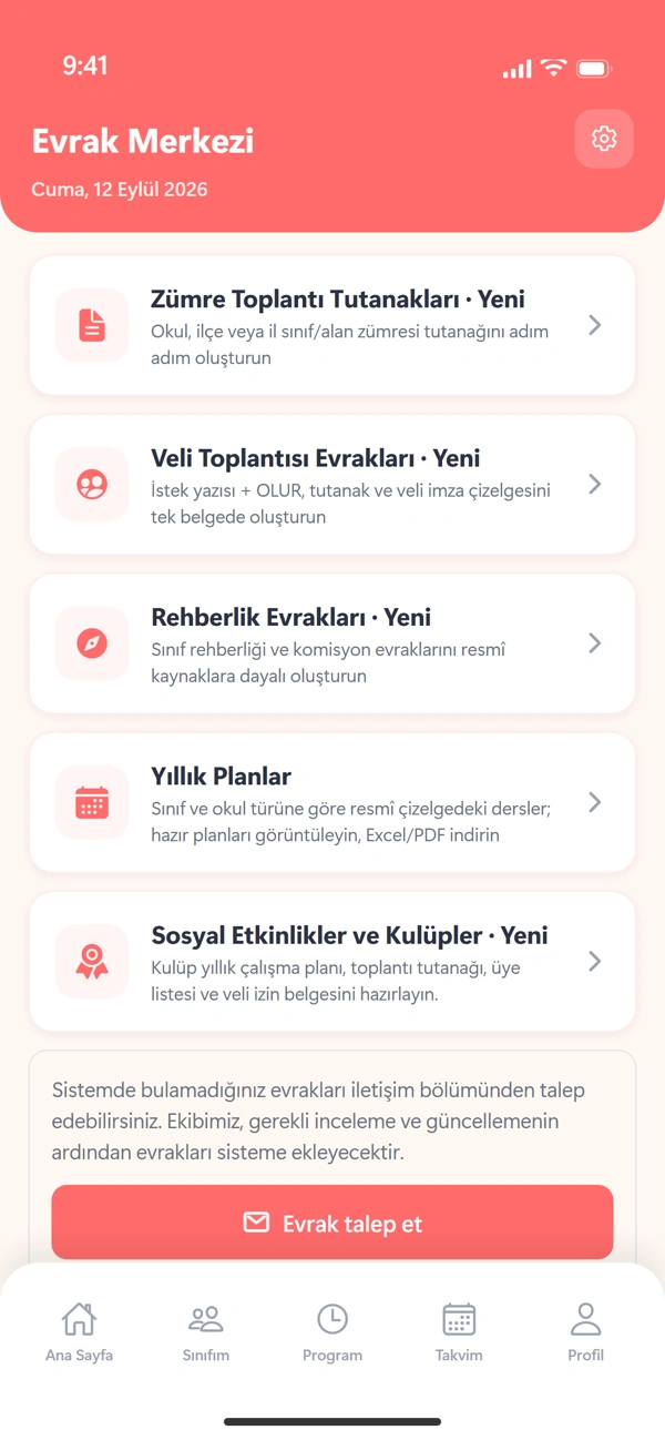 Evrak Merkezi: zümre, veli, rehberlik, yıllık plan ve kulüp evrakları