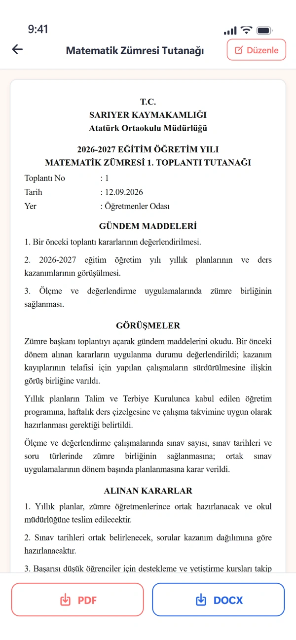 Hazır zümre tutanağı önizlemesi, PDF ve Word indirme