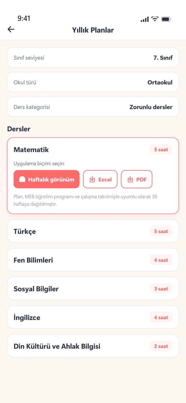 Yıllık planlar: derse göre MEB planı, haftalık görünüm, Excel ve PDF